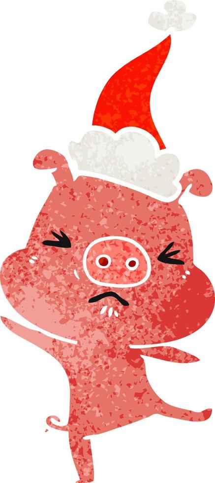 dessin animé rétro d'un cochon furieux portant un bonnet de noel vecteur