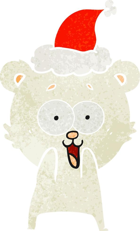 dessin animé rétro ours en peluche excité d'un bonnet de noel vecteur