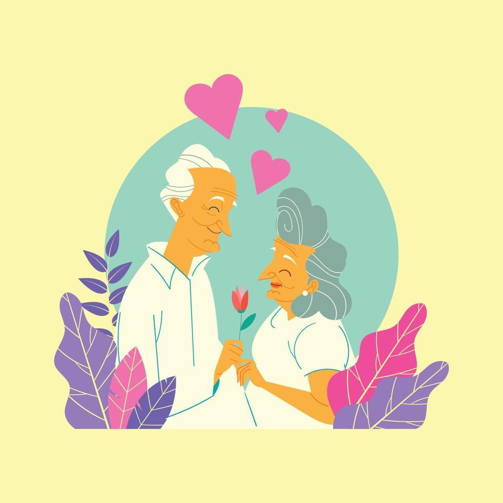 vieux couple romantique avec une fleur vecteur
