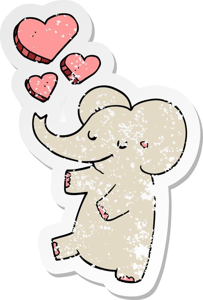 autocollant en détresse d'un éléphant de dessin animé avec des coeurs d'amour vecteur
