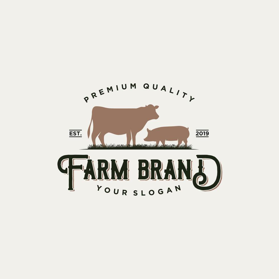logo vintage de la ferme pour la viande de vache et de porc vecteur