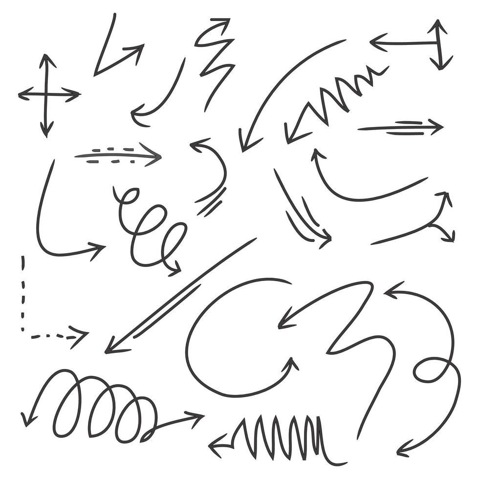 ensemble d'icônes de flèches dessinées à la main. icône de flèche avec différentes directions. illustration vectorielle de griffonnage. isolé sur fond blanc vecteur