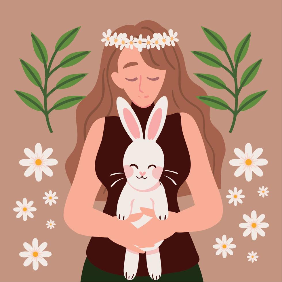 femme avec un lapin mignon vecteur