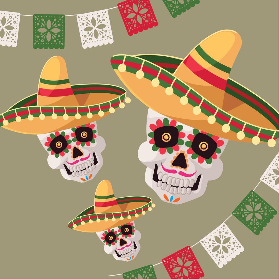 crânes mexicains avec des chapeaux vecteur