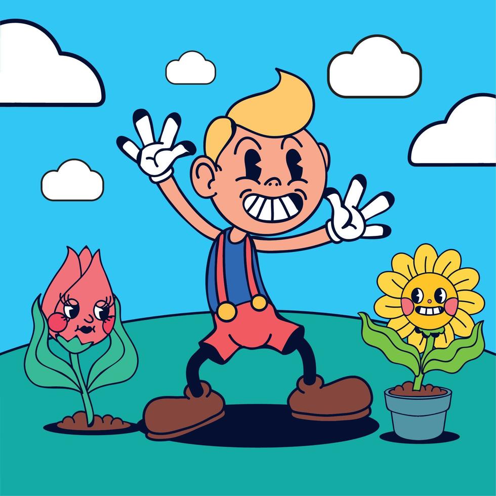 dessin animé garçon et fleurs vecteur