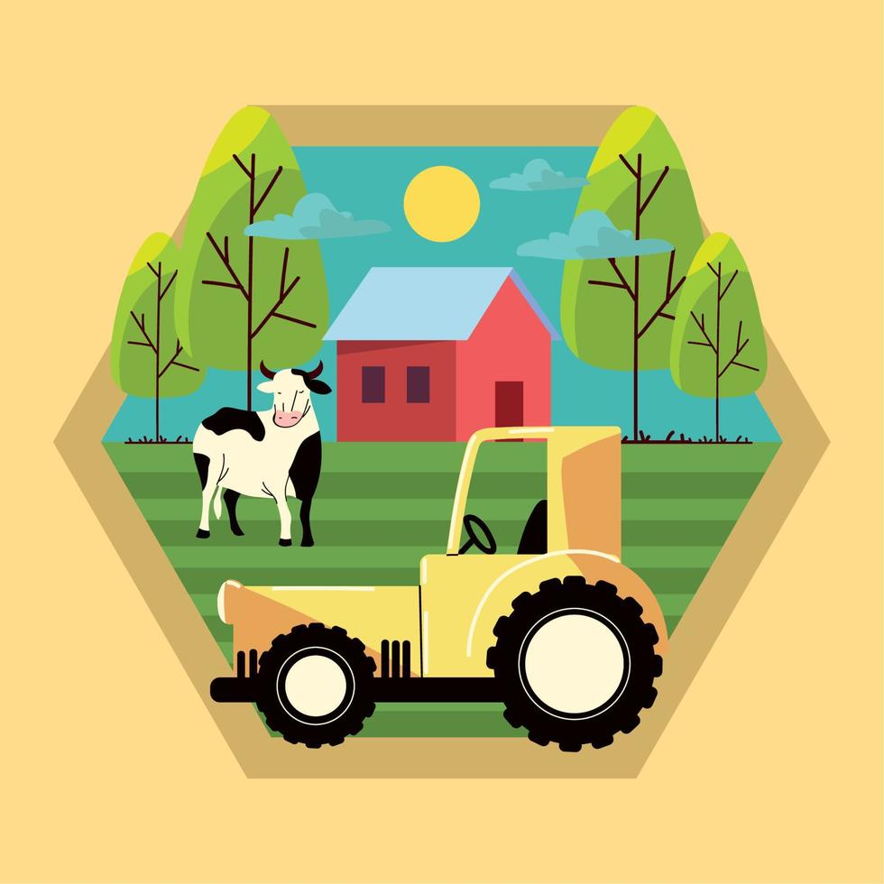 label rural, vache de ferme et tracteur vecteur