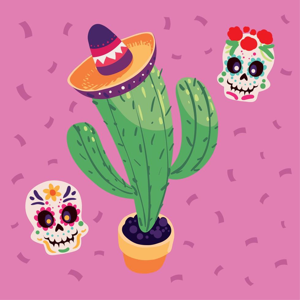 cactus avec chapeau et crânes vecteur