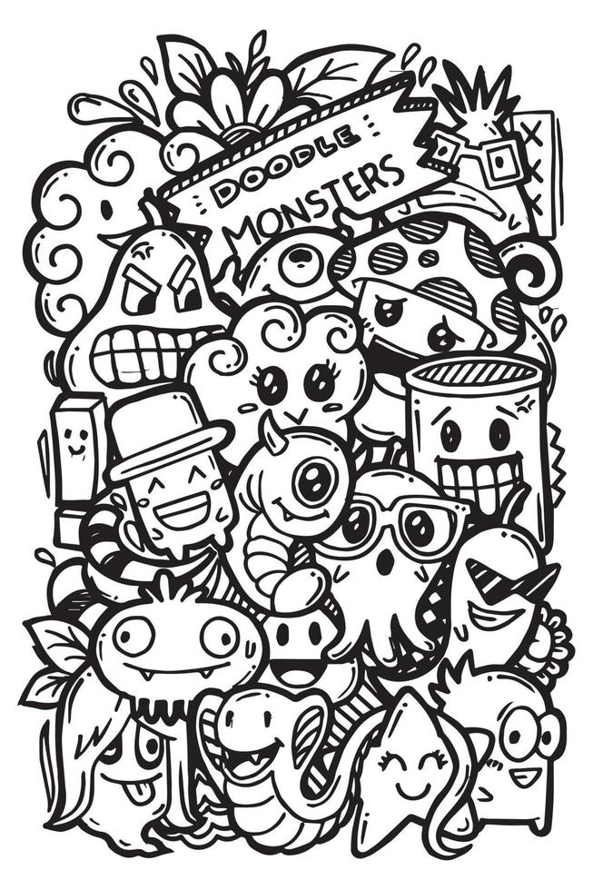 dessin à la main des monstres de doodle. illustration vectorielle vecteur