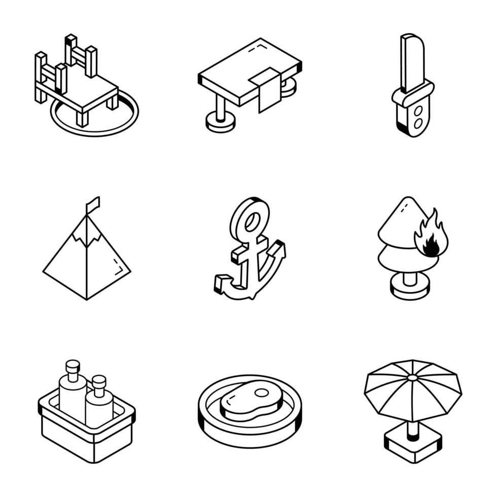 collection d'icônes de contour d'équipement de camping vecteur