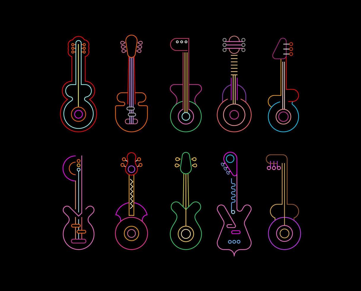 ensemble de guitares néon dessin au trait vecteur