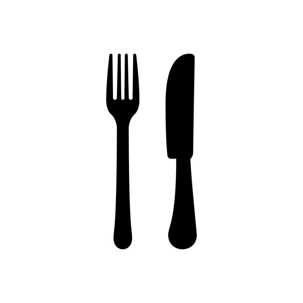 icône de silhouette noire fourchette et couteau. couverts en métal de restaurant pour pictogramme de glyphe de dîner. vaisselle café nourriture déjeuner plat symbole. signe d'argenterie couteau et fourchette à manger. illustration vectorielle isolée. vecteur