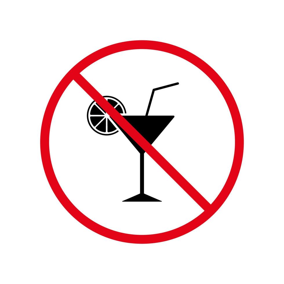 cocktail avec icône de silhouette noire d'interdiction de paille. pictogramme de bar à alcool interdit. symbole de cercle d'arrêt rouge cocktail martini interdit. aucun signe de margarita autorisé. illustration vectorielle isolée. vecteur