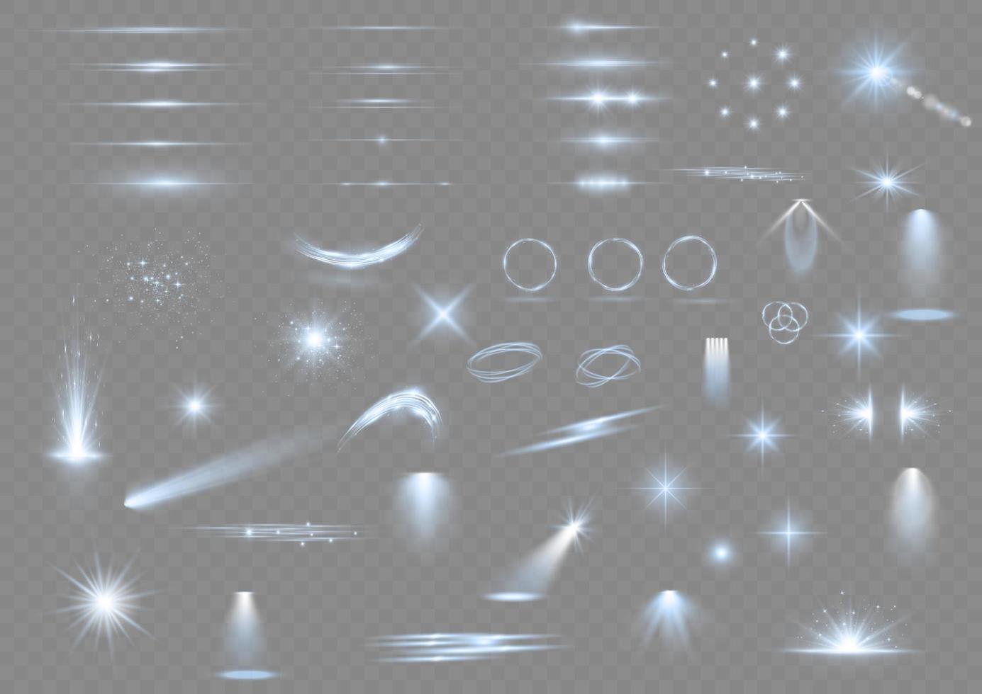 jeu d'effets lumineux. ensemble d'effets de lumière transparent blanc brillant isolé, lumière parasite, explosion, paillettes, poussière, ligne, flash solaire, étincelle et étoiles, projecteur, tourbillon de courbe. lumière du soleil, effet spécial abstrait. vecteur