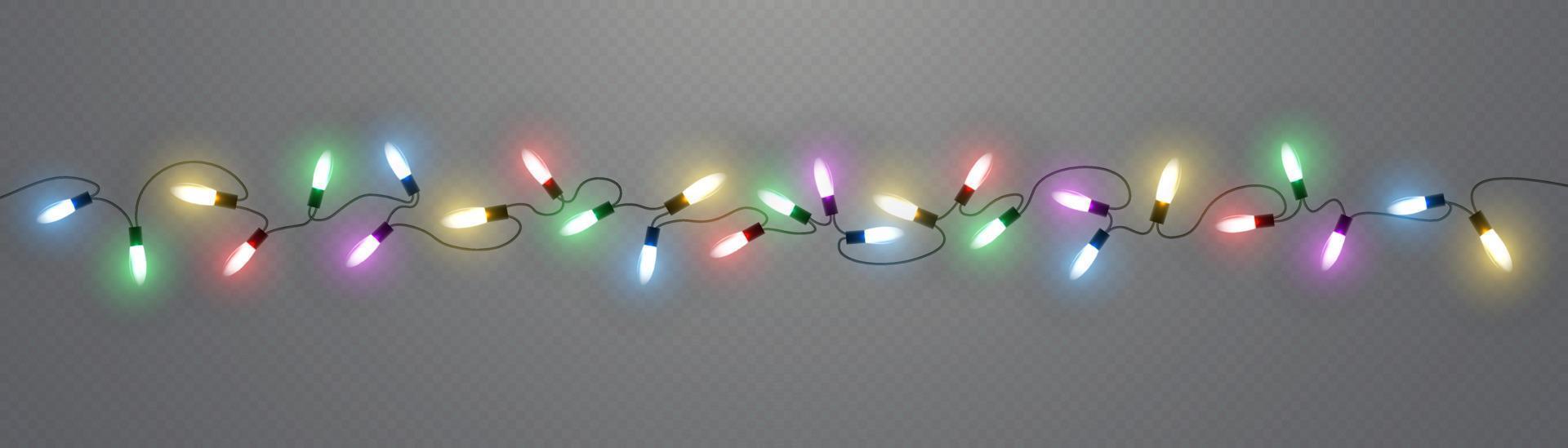 lumières de Noël. ligne vectorielle avec ampoules lumineuses. ensemble de guirlande rougeoyante de noël doré led illustration de lampe au néon. lumières de noël isolées sur fond transparent pour cartes, bannières, affiches vecteur