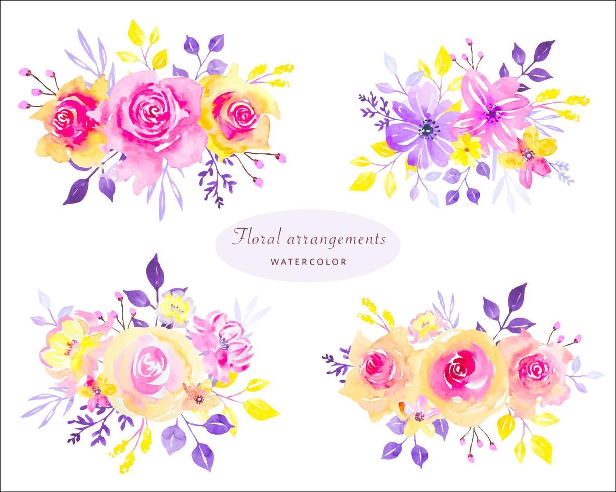 arrangements floraux de rose vif et de feuilles. illustration aquarelle vecteur