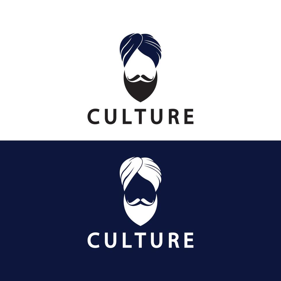 turban moustache inde illustration vectorielle de conception de logo indien. logo du visage d'un homme avec une barbe et un chapeau typique du pays indien traditionnel. vecteur