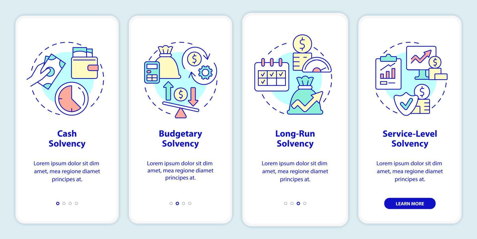 écran d'application mobile d'intégration du solde budgétaire. dépenses et revenus pas à pas pages d'instructions graphiques en 4 étapes avec des concepts linéaires. ui, ux, modèle d'interface graphique. vecteur