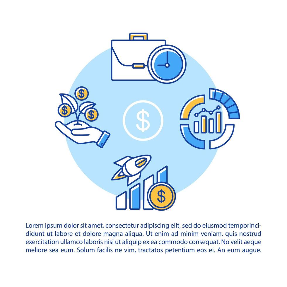 croissance financière, modèle vectoriel de page d'article d'investissement. brochure, magazine, élément de conception de livret avec icônes linéaires et zones de texte. design d'impression. illustrations de concept avec espace de texte