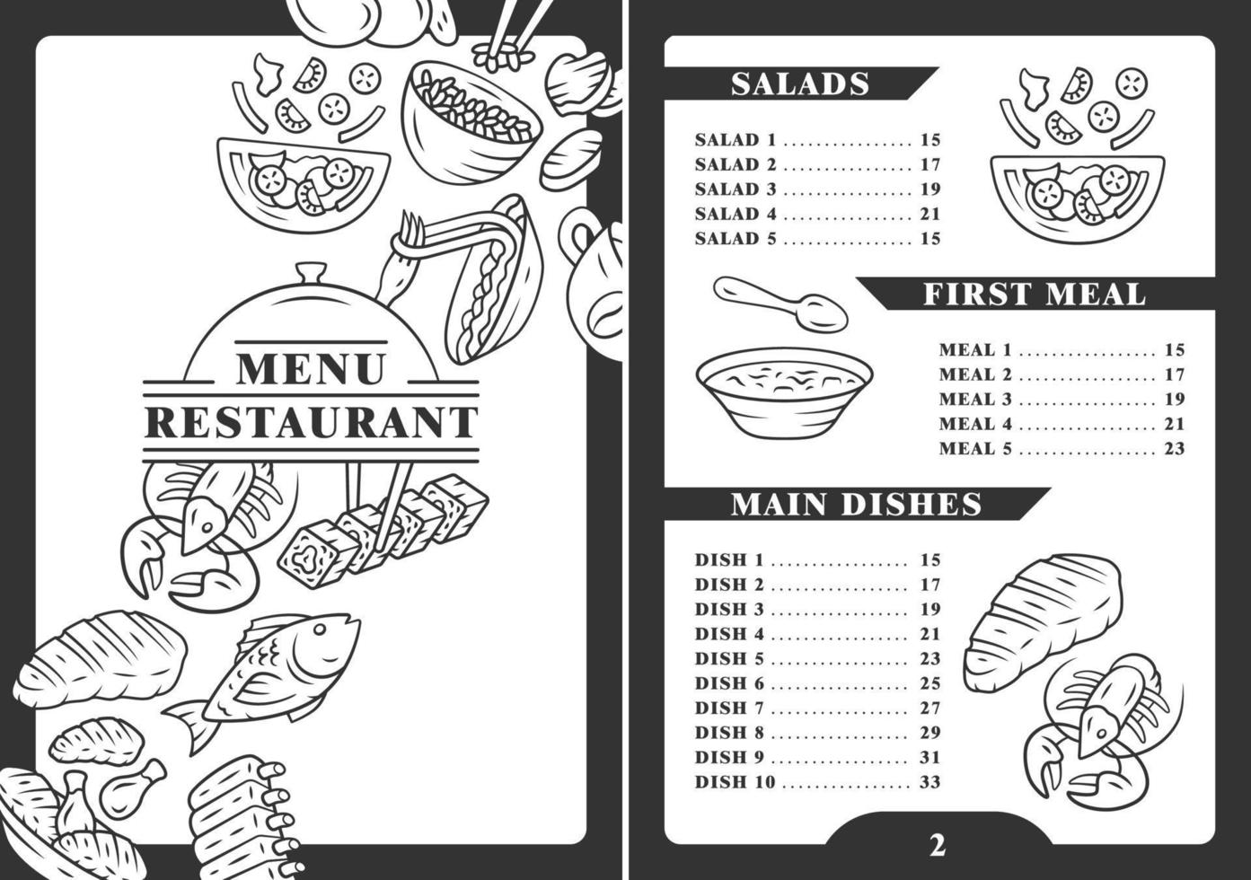 modèle de couverture de menu de restaurant. poisson, pâtes, poulet. nourriture nutritive. idée de typographie de lettrage isolé avec des icônes linéaires. illustrations de concept de vecteur. affiche de café, dépliant, mise en page de la brochure vecteur