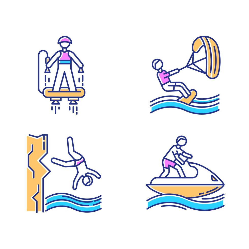 jeu d'icônes de couleur de sports nautiques. flyboard, kitesurf, plongée en falaise et jet ski. sports extrêmes. aventure de vacances d'été. loisirs de plage océan et mer. illustrations vectorielles isolées vecteur