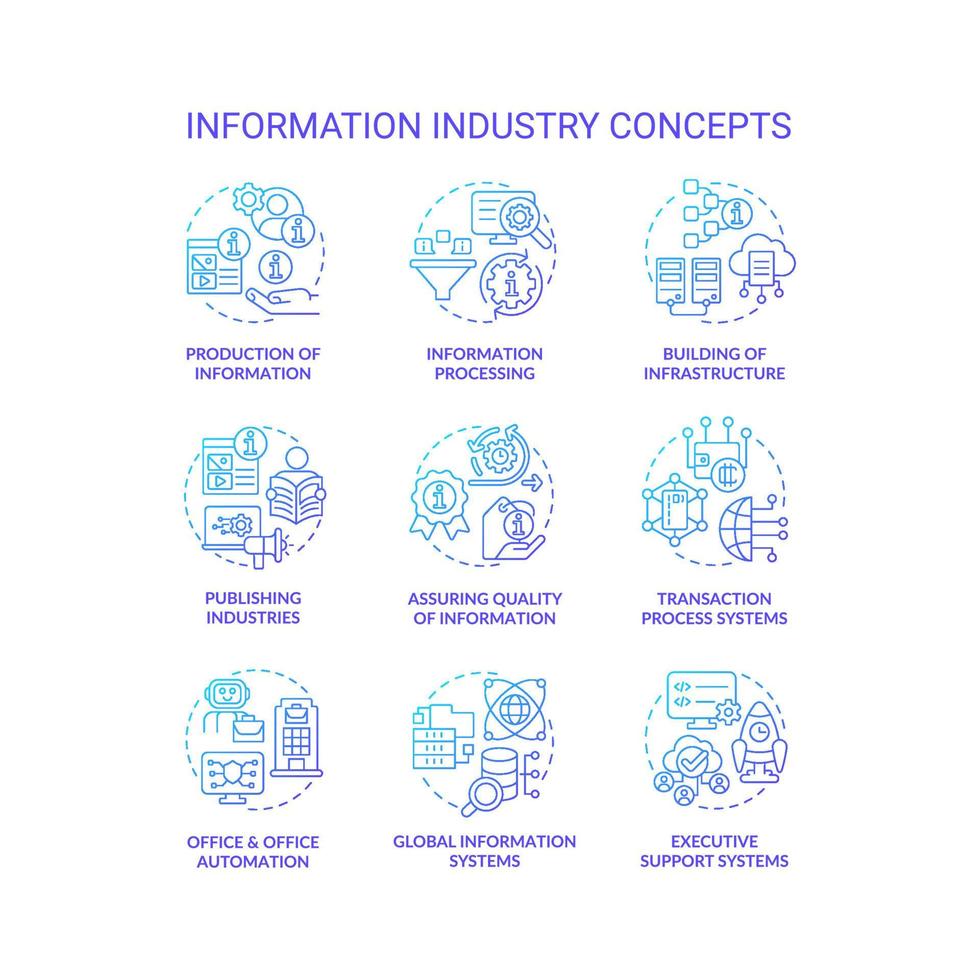 ensemble d'icônes de concept de gradient bleu de l'industrie de l'information. idée de production et de traitement illustrations couleur en ligne mince. qualité des informations. symboles isolés. vecteur