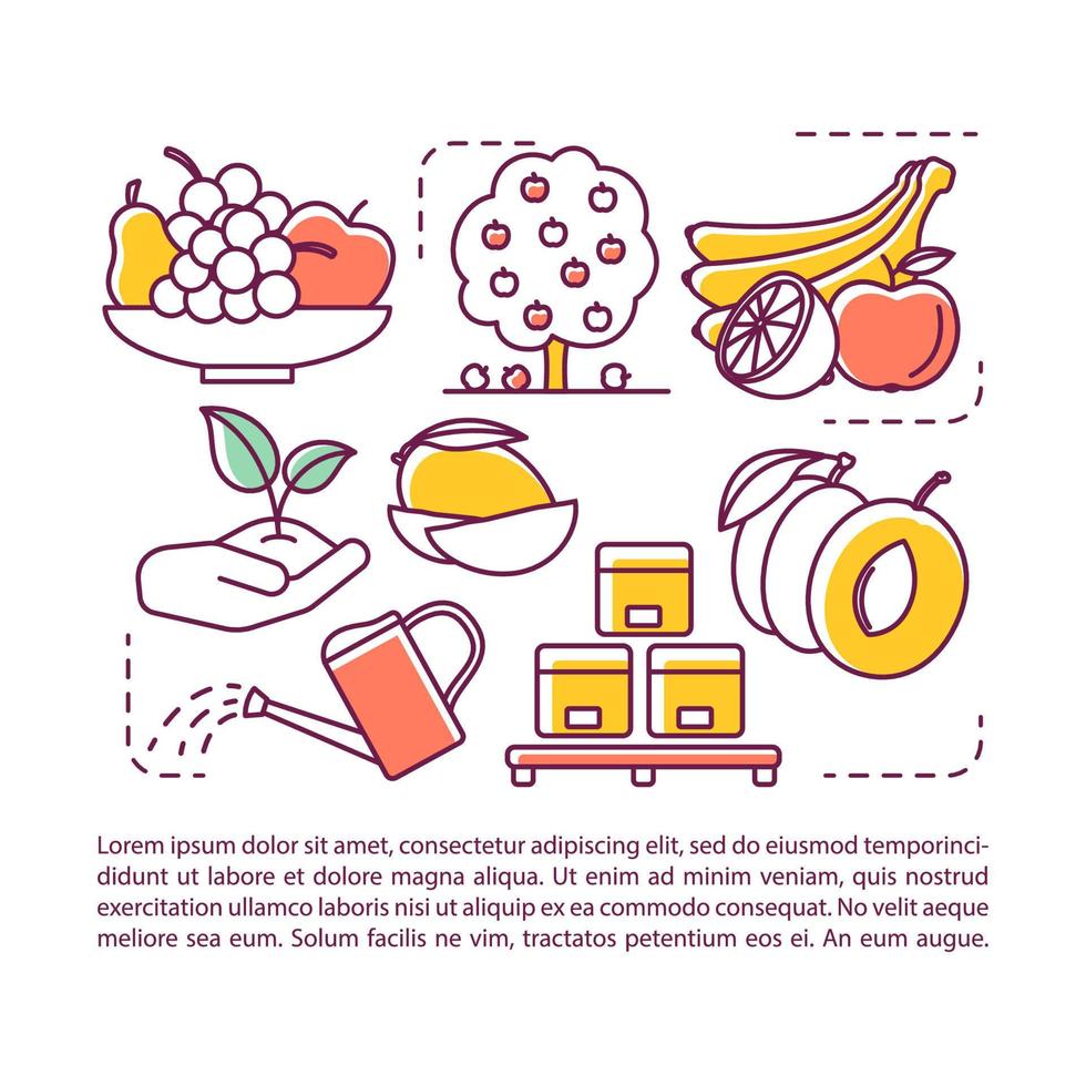 modèle de vecteur de page d'article de production de fruits. verger horticole. brochure, magazine, élément de conception de livret avec icônes linéaires et zones de texte. design d'impression. illustrations de concept avec espace de texte