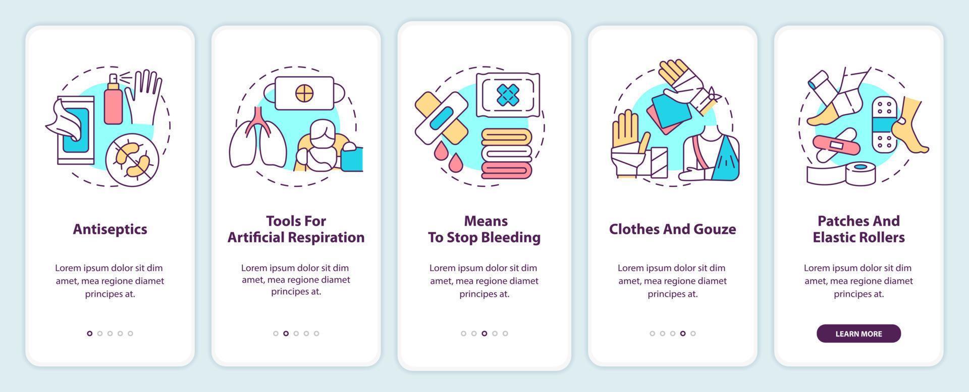 écran de l'application mobile d'intégration de la trousse de premiers soins. survivant à la guerre pas à pas 5 étapes pages d'instructions graphiques avec des concepts linéaires. ui, ux, modèle d'interface graphique. vecteur