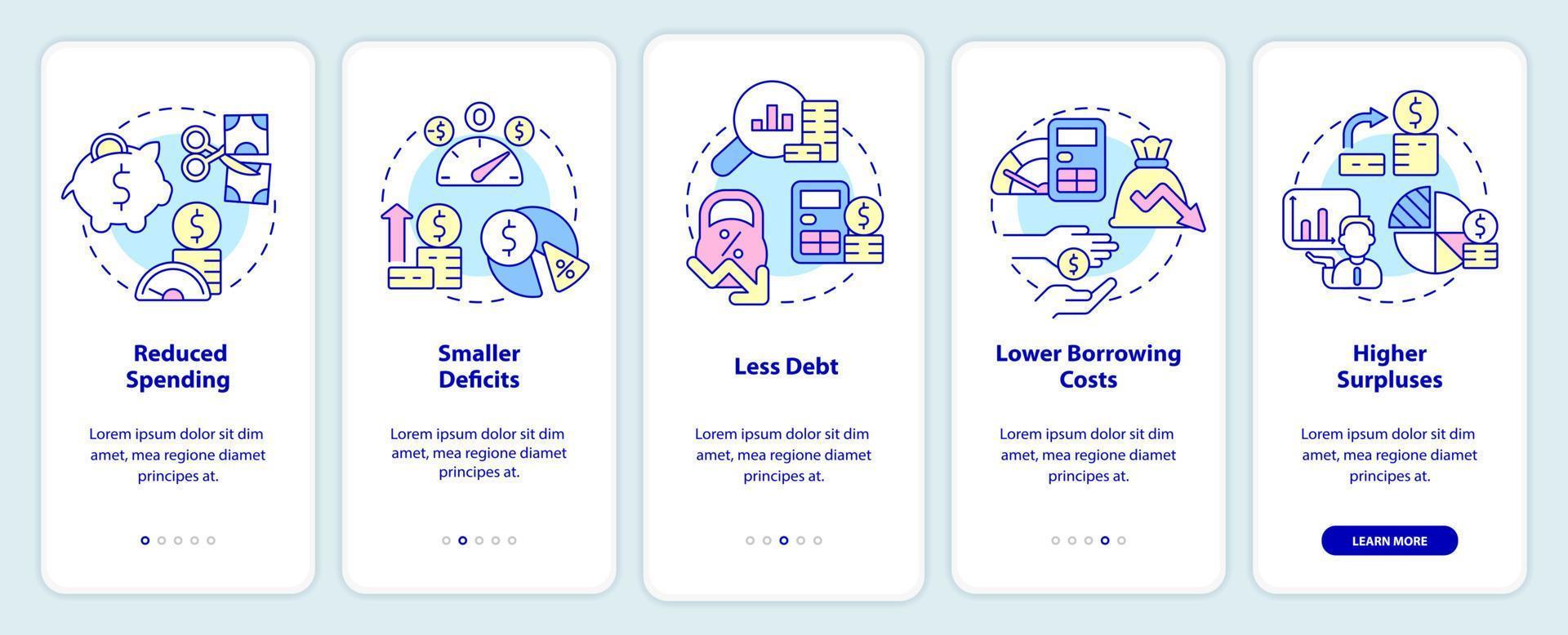 exigences budgétaires équilibrées sur l'écran de l'application mobile d'intégration. pas à pas en 5 étapes pages d'instructions graphiques avec des concepts linéaires. ui, ux, modèle d'interface graphique. vecteur