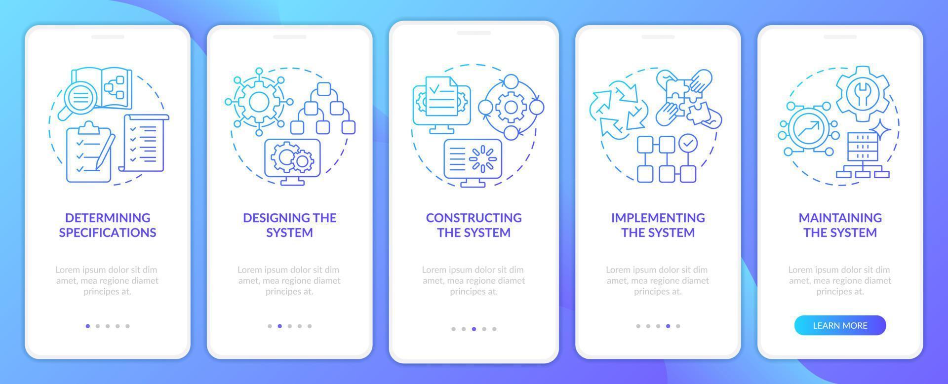 écran d'application mobile d'intégration de gradient bleu de développement de système de données. pas à pas en 5 étapes pages d'instructions graphiques avec des concepts linéaires. ui, ux, modèle d'interface graphique. vecteur