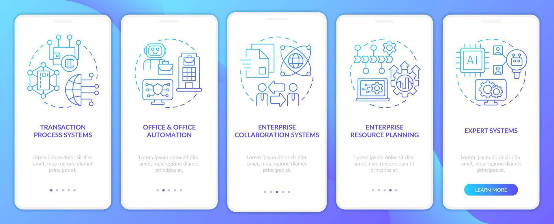 types de systèmes d'information écran d'application mobile d'intégration à gradient bleu. pas à pas en 5 étapes pages d'instructions graphiques avec des concepts linéaires. ui, ux, modèle d'interface graphique. vecteur