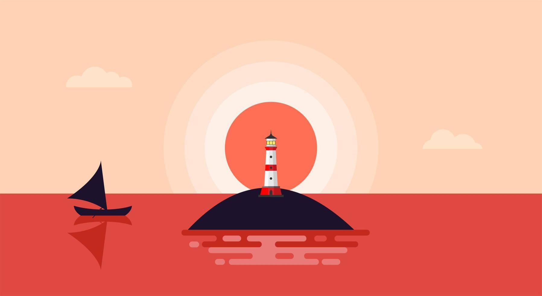 illustration vectorielle de paysage marin design plat. vue mer au crépuscule avec panorama phare en bateau vecteur