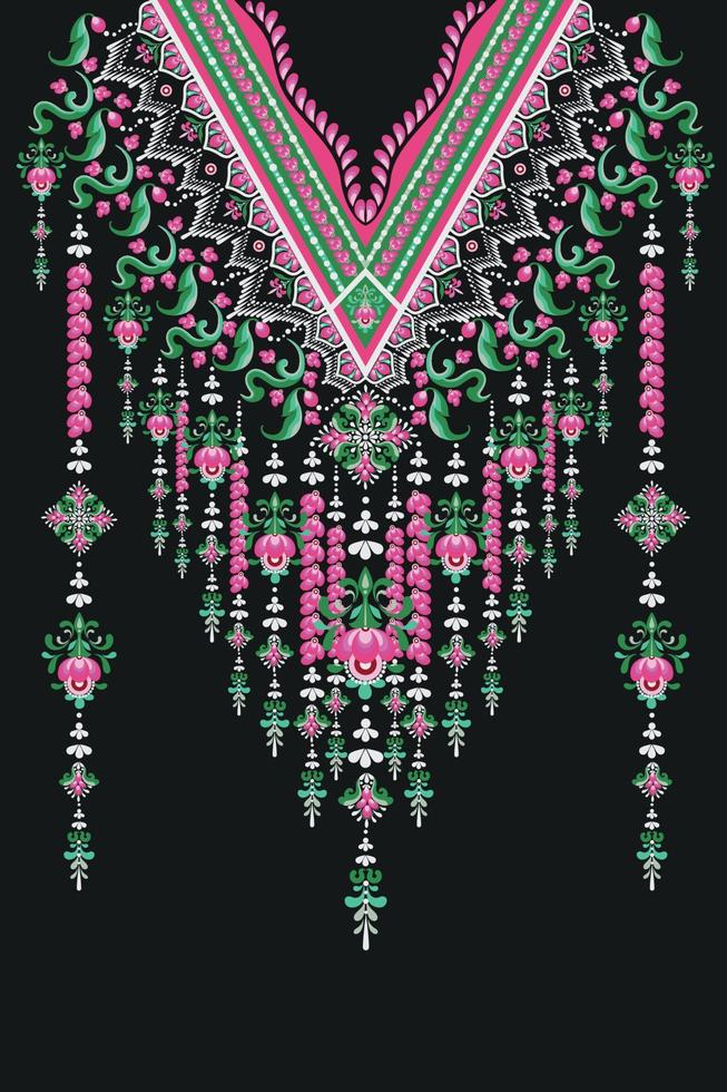 caftans à encolure colorée. des motifs textiles géométriques et ethniques qui ressemblent à un collier de fleurs embellissant la tour d'une femme, décorent les vêtements et les produits avec des références culturelles vecteur