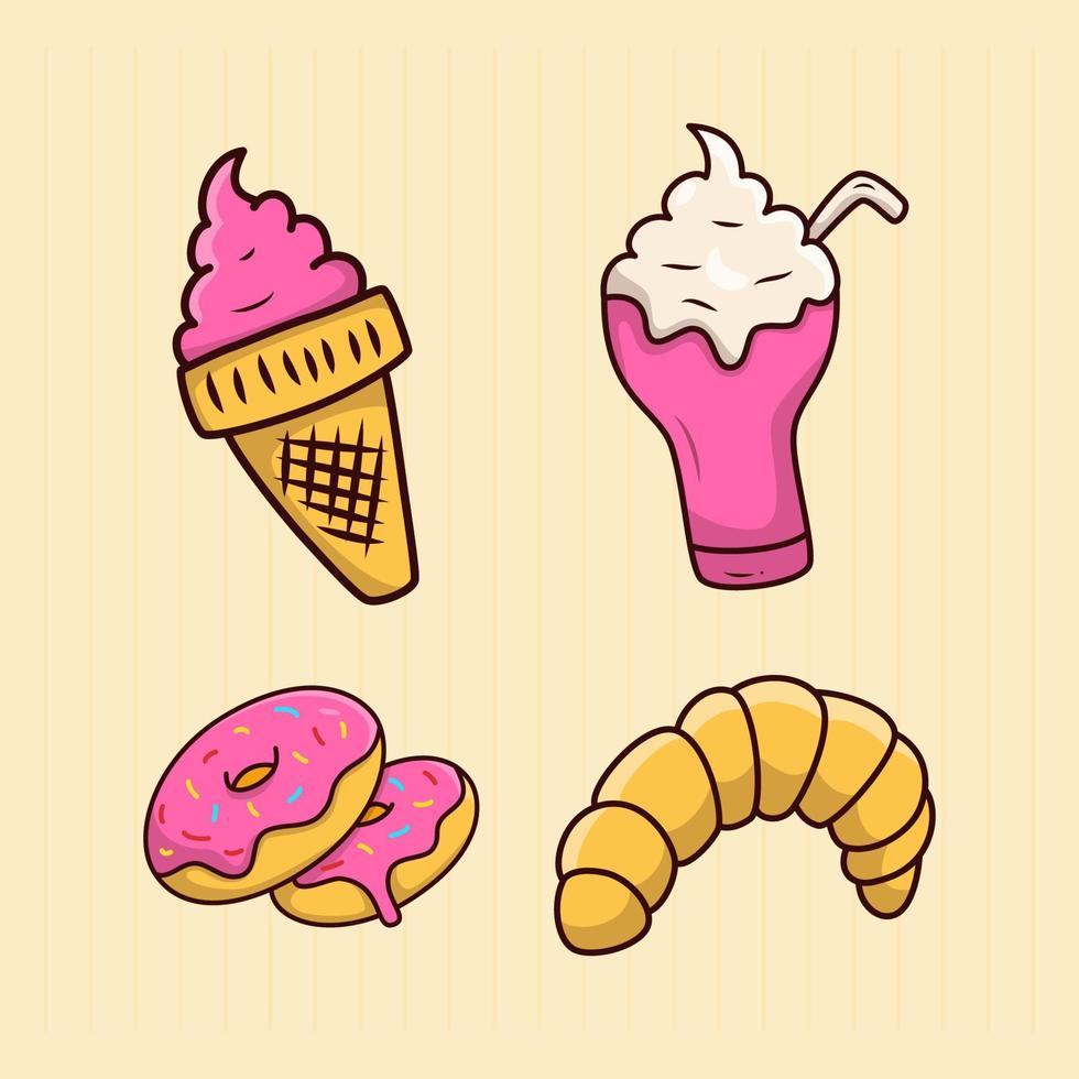 ensemble de dessin animé de restauration rapide, crème glacée, beignet, milkshake et illustration de croissant vecteur
