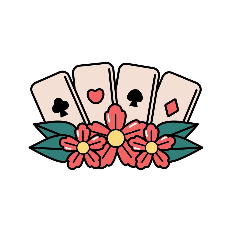 cartes de poker et tatouage de fleurs vecteur