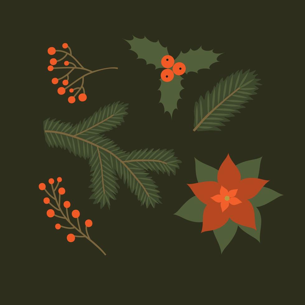 plantes vectorielles de noël, baie de houx, arbre de noël, branches de feuilles, décoration de vacances, symboles d'hiver isolés sur fond noir. couleurs rouge et noir. illustration de la nature vintage vecteur