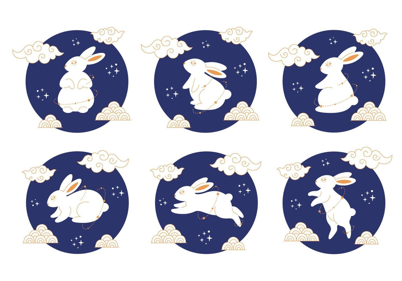 mignons lapins blancs avec des symboles du nouvel an chinois. année du lapin. fête de la mi-automne vecteur