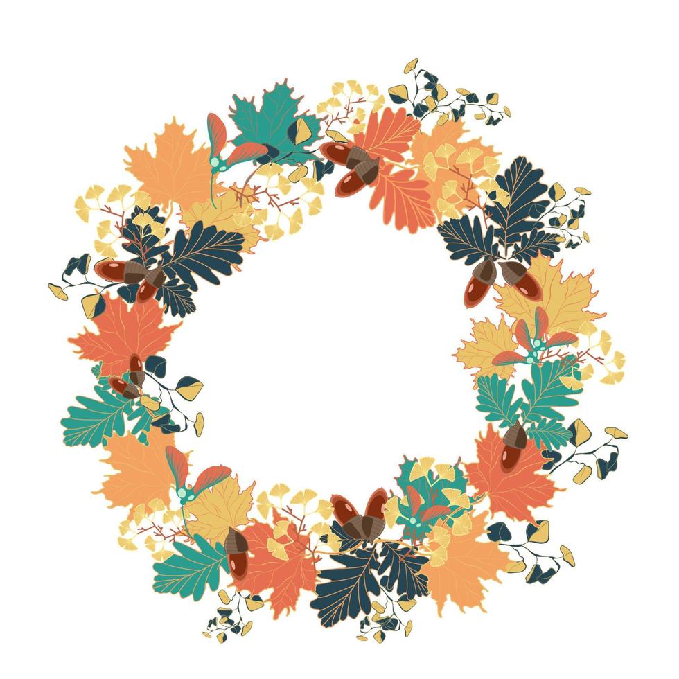 couronne décorative d'automne avec feuilles de chêne, glands, ginkgo biloba, branches d'eucalyptus et feuilles d'érable vecteur