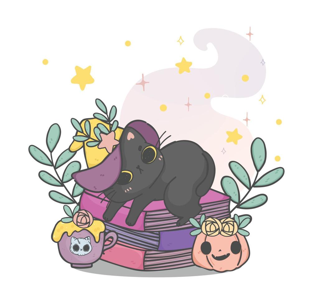 mignon chaton noir chat sorcière sur livre de sorcière sracked avec jack o lantern citrouille, dessin animé doodle animal dessin à la main vecteur