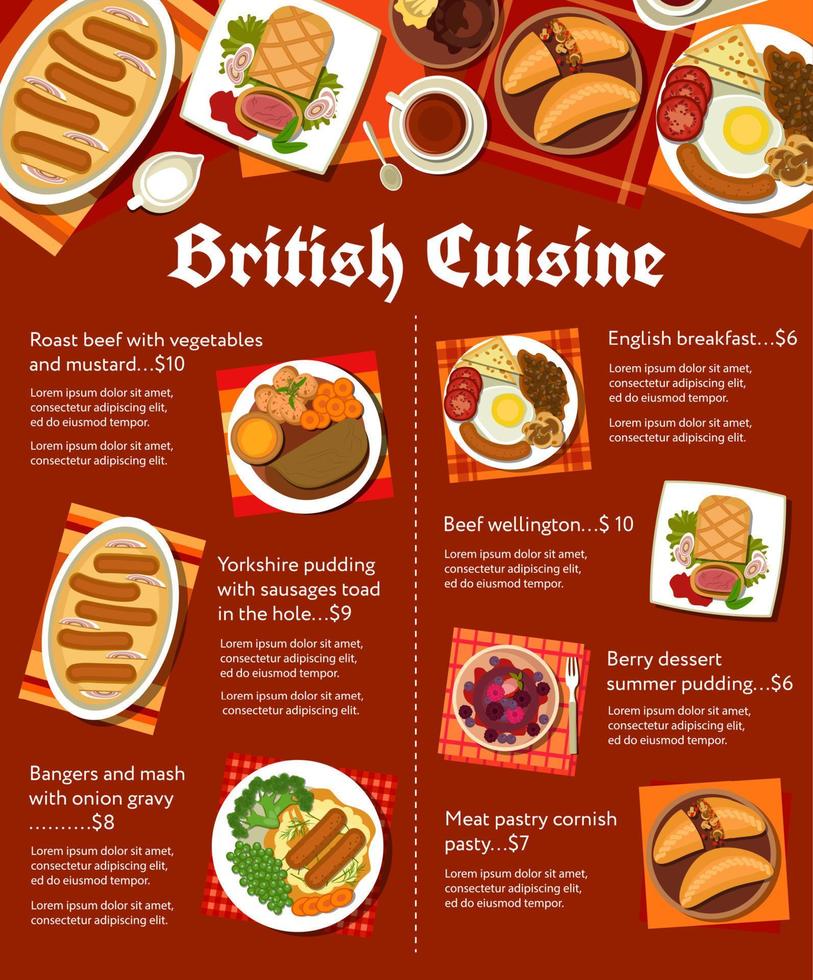 page de vecteur de menu de repas de restaurant de cuisine britannique