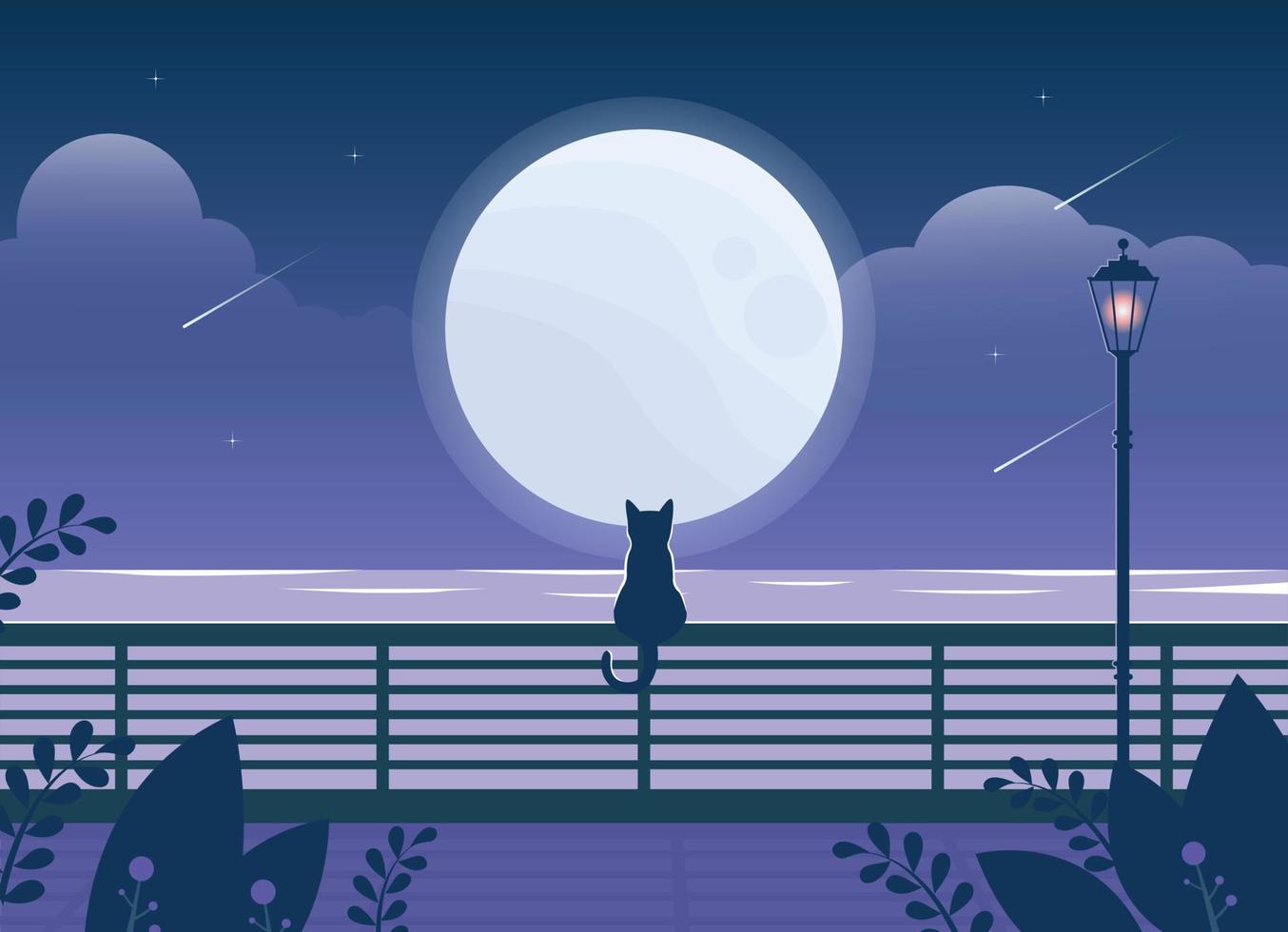 un fond riverain avec une grande lune flottante. vue arrière d'un chat regardant la rivière sur une balustrade de parc avec des lampadaires allumés. vecteur