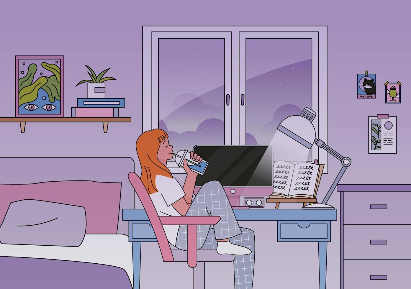 une fille est assise à un bureau et se détend avec un verre. fond de chambre de fille violette. vecteur