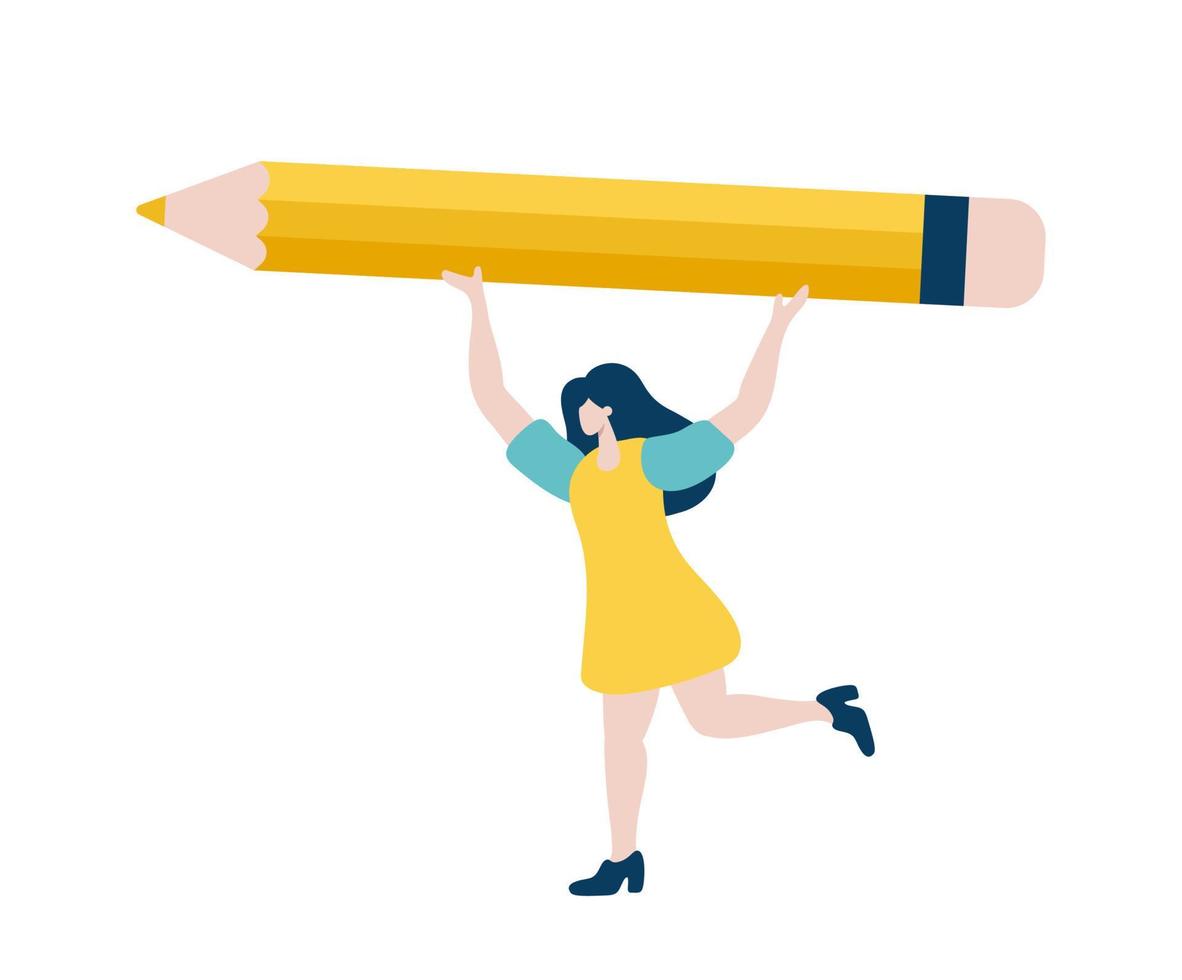 petite femme tenant un gros crayon jaune au-dessus de sa tête. concept d'information de recherche, solution, analyse, écriture, journaliste, blogueur. illustration vectorielle dans un style plat, chara-design vecteur