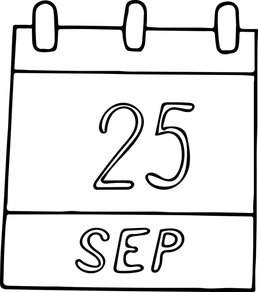 calendrier dessiné à la main dans un style doodle. 25 septembre. journée nationale de la bande dessinée, date. icône, élément autocollant pour la conception. planification, vacances d'affaires vecteur