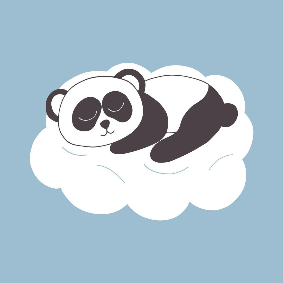 panda dormant sur une icône de nuage. style de griffonnage dessiné à la main. vecteur, minimalisme. animal de pépinière, joli décor pour chambre d'enfant. nouveau-né, autocollant, affiche, carte vecteur