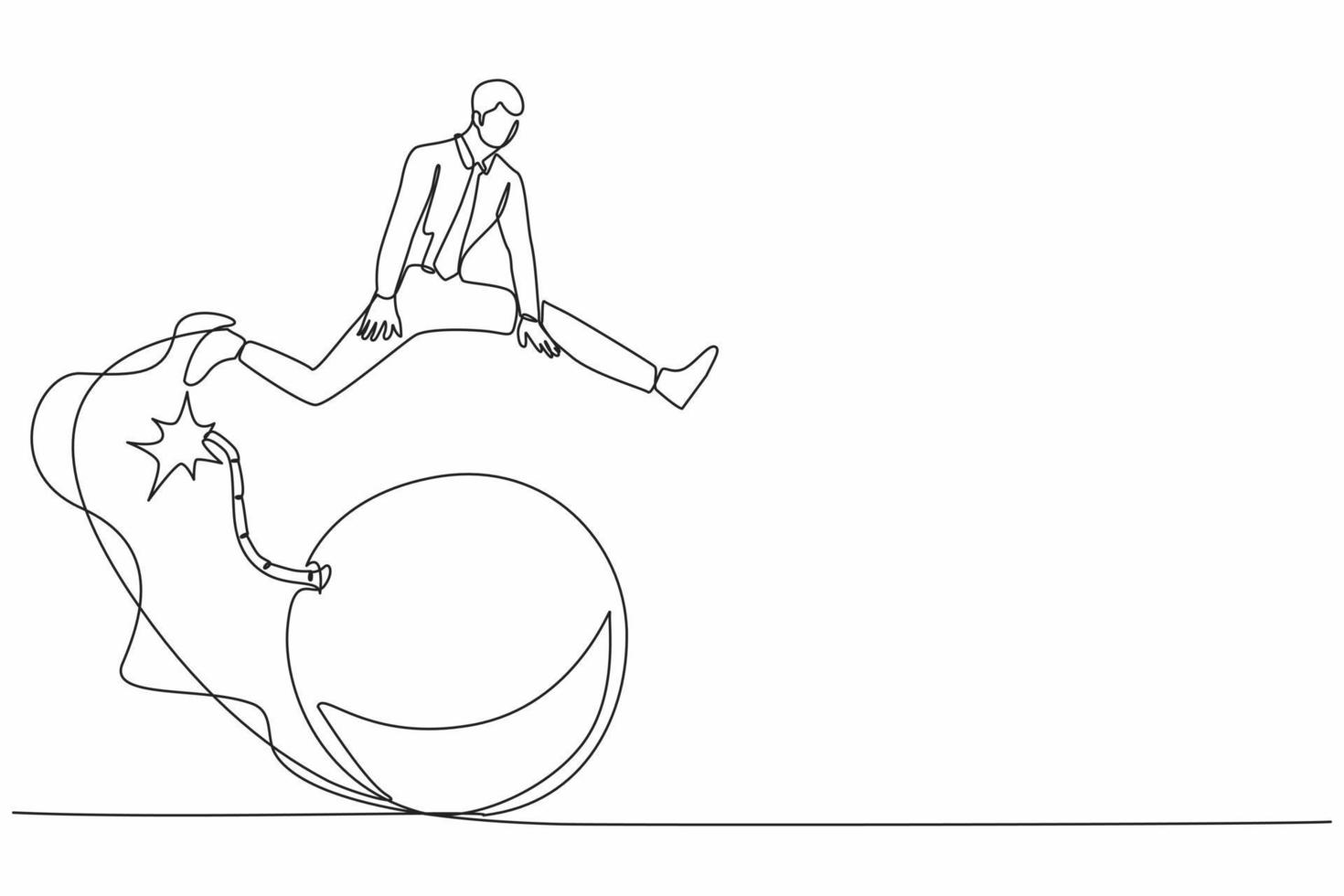 dessin continu d'une ligne homme d'affaires sautant par-dessus la bombe. mesures intelligentes pour anticiper l'impact explosif de la crise économique ou financière mondiale. illustration graphique vectorielle de conception de dessin à une seule ligne vecteur