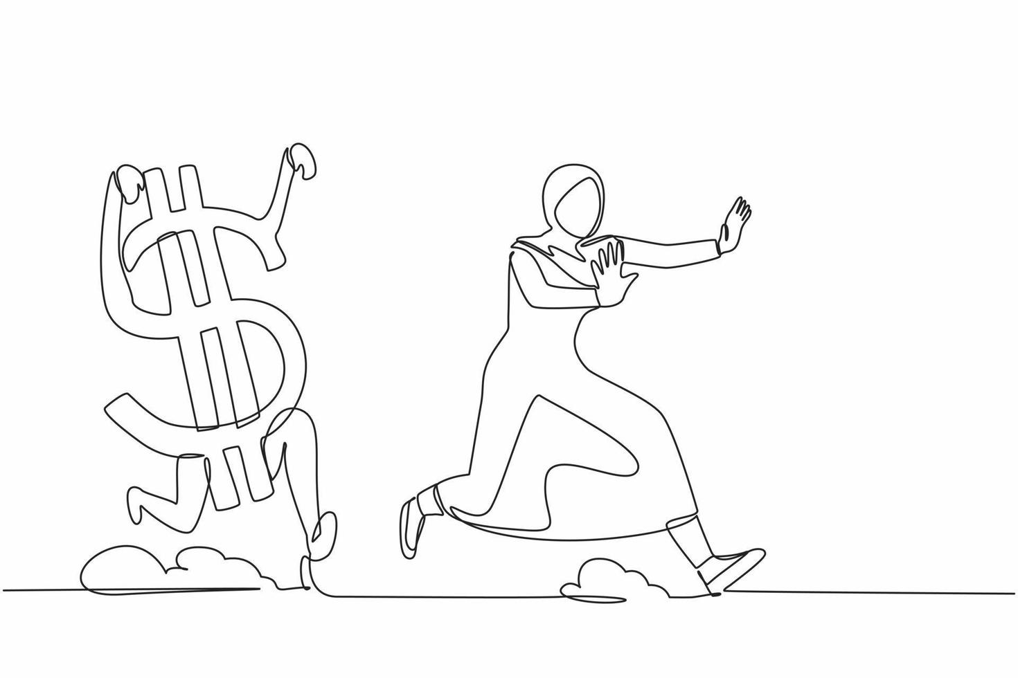 une seule ligne dessinant une femme d'affaires arabe effrayée poursuivie par le symbole du dollar. femme gestionnaire effrayée par la crise économique ou financière. illustration vectorielle graphique de conception de ligne continue moderne vecteur