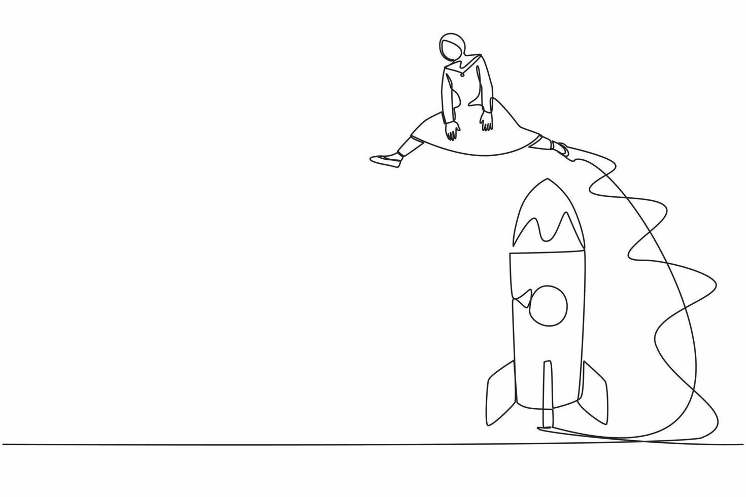 une seule ligne dessinant une femme d'affaires arabe sautant par-dessus une grosse fusée. préparation réussie du lancement de la startup. fusée spatiale prête à voler. projet d'entreprise. ligne continue dessiner illustration vectorielle de conception vecteur