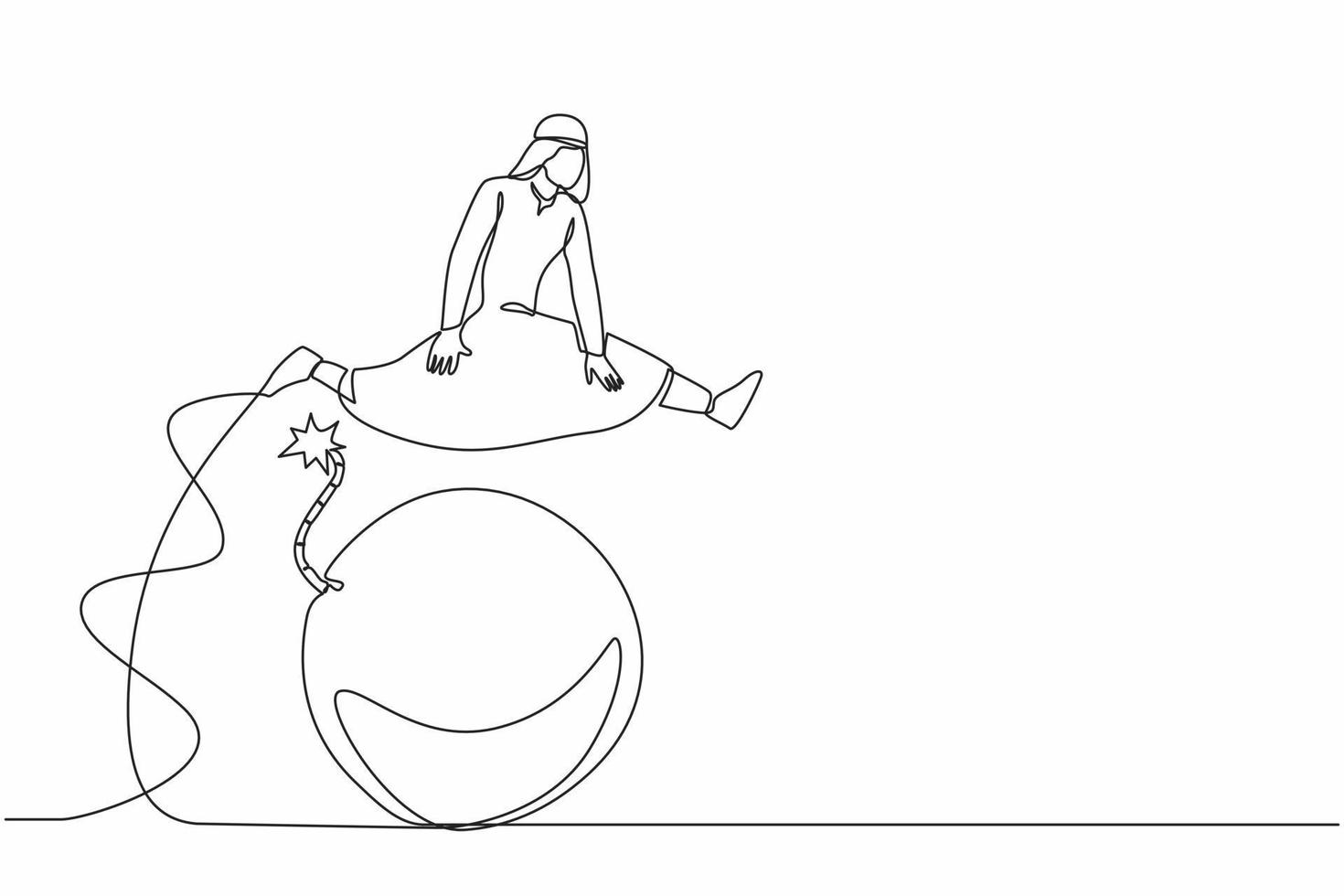 une seule ligne continue dessinant un homme d'affaires arabe sautant par-dessus la bombe. explosion de la crise économique. anticiper l'impact explosif de la crise financière mondiale. une ligne dessiner illustration vectorielle de conception vecteur