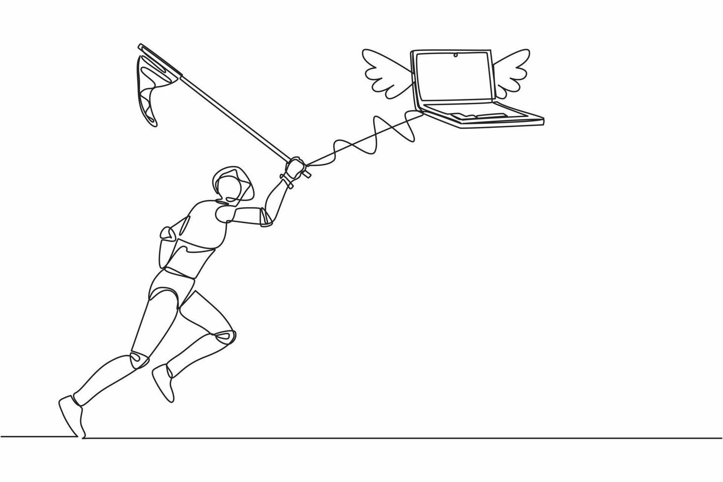 un robot de dessin continu à une ligne essaie d'attraper un ordinateur portable volant avec un filet à papillons. calcul des données du système pour l'efficacité du travail. organisme cybernétique robotisé. illustration vectorielle de dessin à une seule ligne vecteur