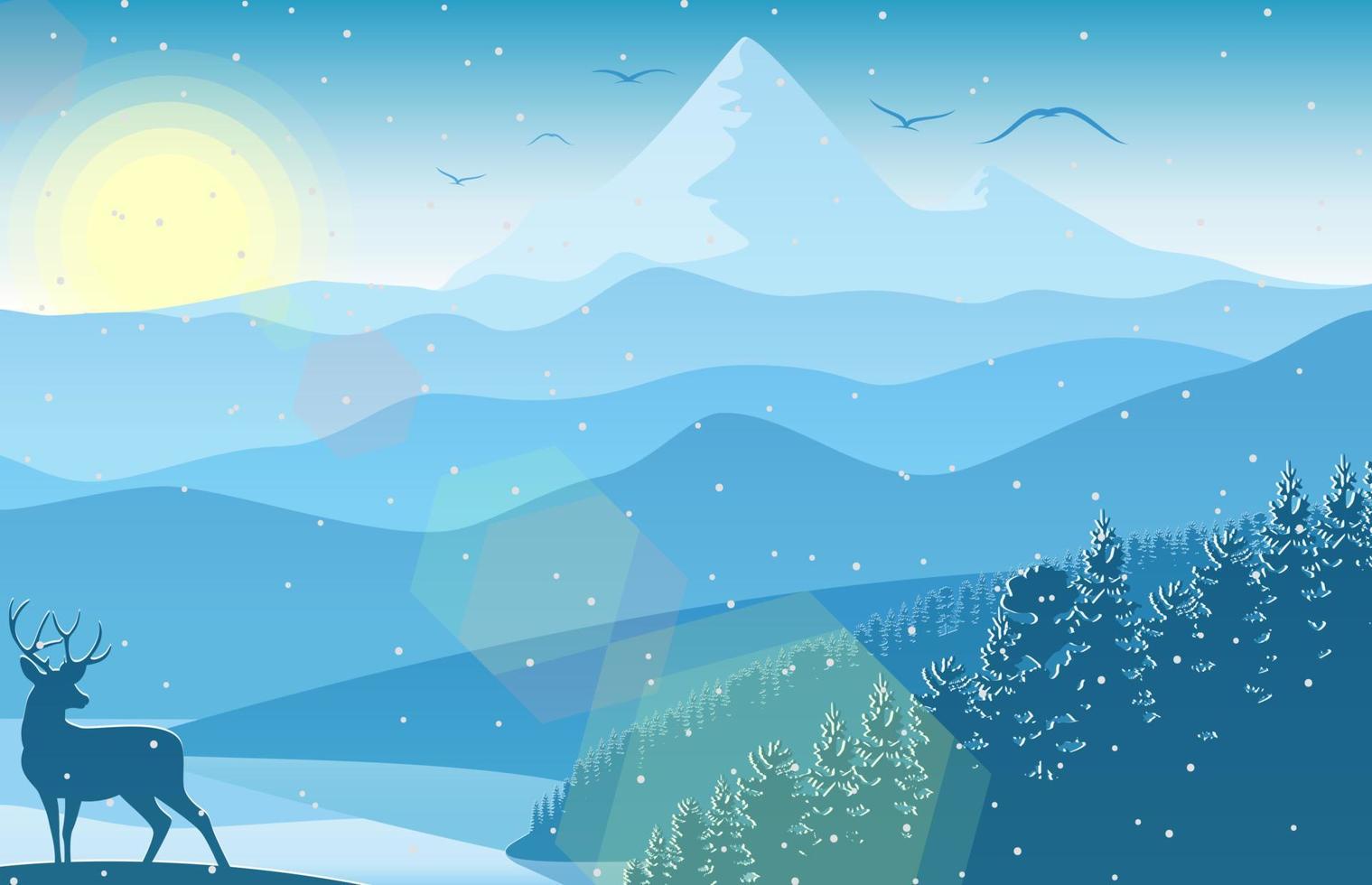 paysage de montagne d'hiver avec des cerfs et des forêts à la neige qui tombe vecteur